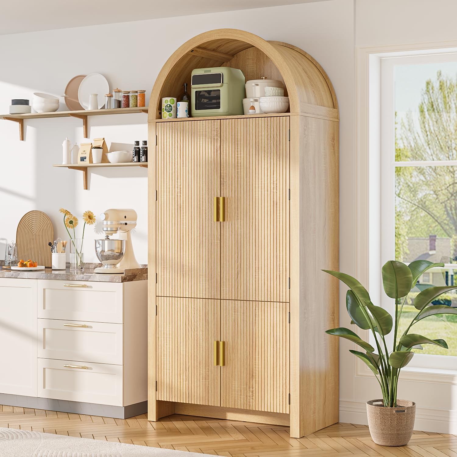 PRETZI Fluted Arched Cabinet with Doors, 71" Tall Kitchen Pantry Storage Cabinet with Adjustable Shelves and 6 Door Shelves, Freestanding Morden Organizer for Kitchen, Living Room, Natural Wood
