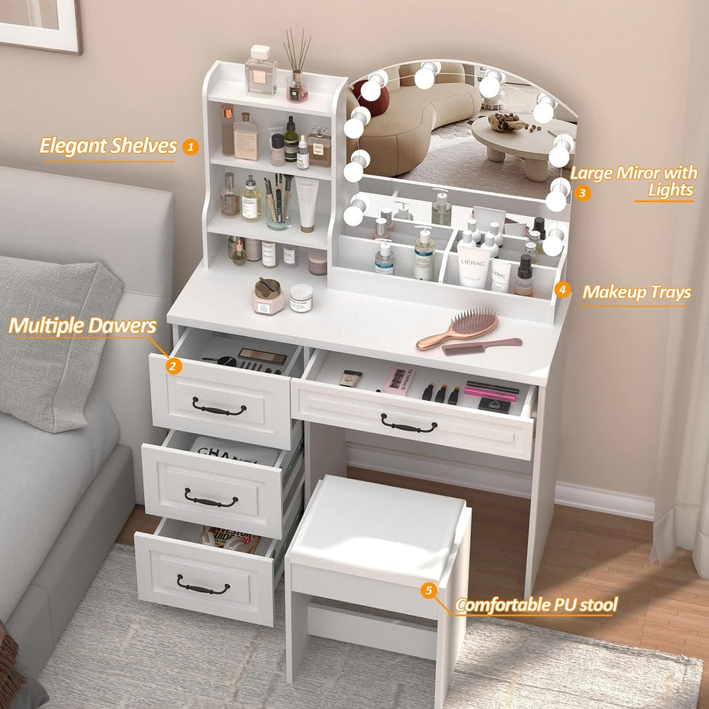 Vabches Vanity Desk with Mirror and Lights,Makeup Vanity Set for Bedroom | White Dressing Table 3 Lighting Colors, 4 Drawers