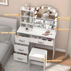Vabches Vanity Desk with Mirror and Lights,Makeup Vanity Set for Bedroom | White Dressing Table 3 Lighting Colors, 4 Drawers