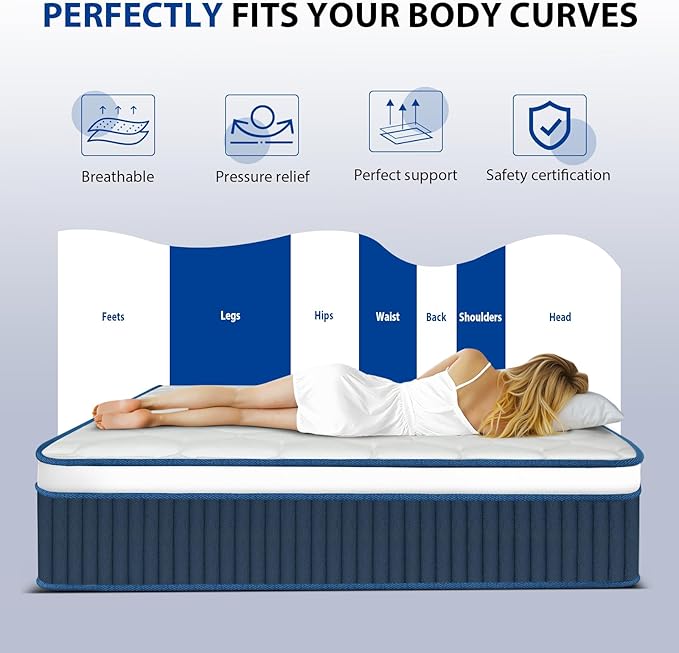 Twin Size Mattress 12 Inch, Twin Mattress in a Box, Hybrid Gel Memory Foam Medium Firm Feel Individual Pocket Springs Matress, Breathable Fabric, Strong Edge Support, Fiberglass Free