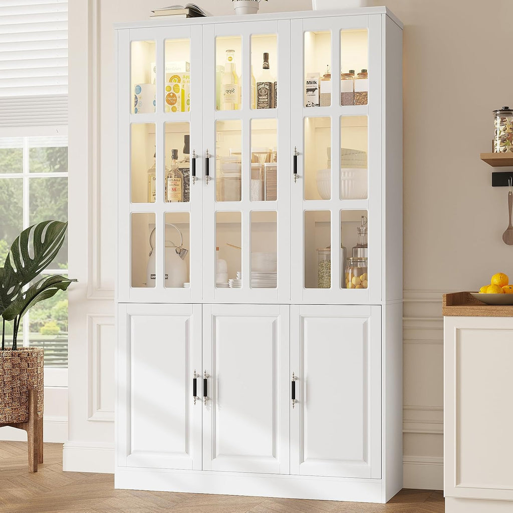 MEISSALIVVE 78.7" Kitchen Pantry Storage Cabinet with LED Lights, Tall Pantry Cabinet with Glass Doors, Kitchen Hutch Utility Pantry, White (47.2" W x 15.7" D)