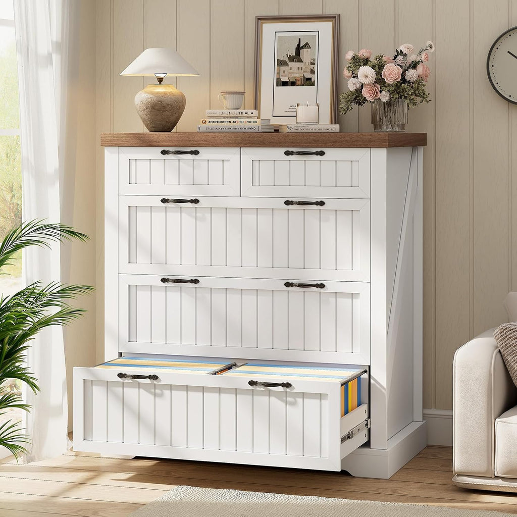 SEDETA Farmhouse File Cabinet with 5 Drawers, Filing Cabinet for Home Office, Wood Office File Cabinets for Letter/Legal/A4 Size, File Cabinets with Printer Stand, White and Brown