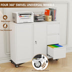 47" Rolling File Storage Locker Cabinet with 3-Drawer，Office Storage Cabinet with Adjustable Shelf & Universal Wheels, Mobile Printer Stand for Home Office, Living Dining Room,White