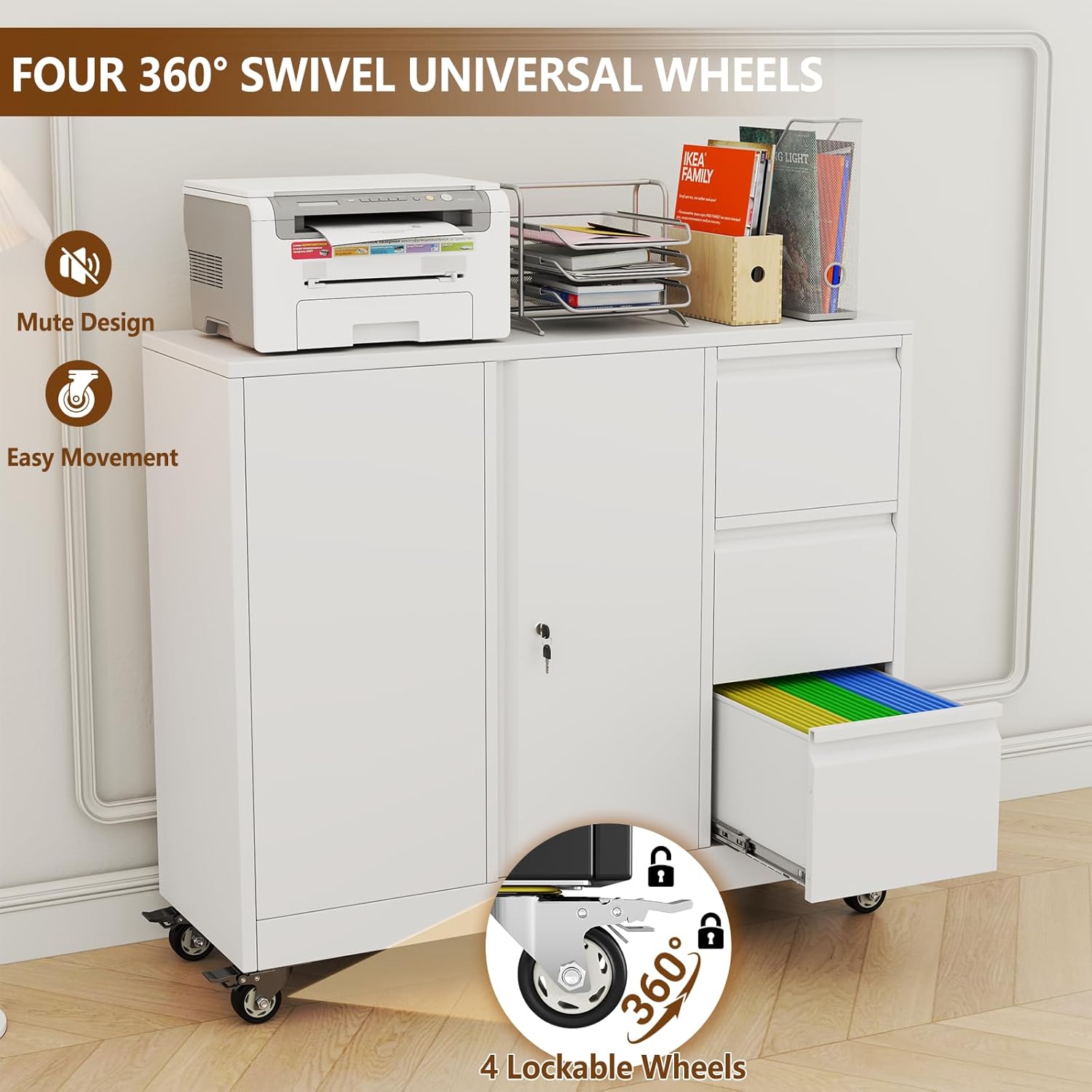 47" Rolling File Storage Locker Cabinet with 3-Drawer，Office Storage Cabinet with Adjustable Shelf & Universal Wheels, Mobile Printer Stand for Home Office, Living Dining Room,White
