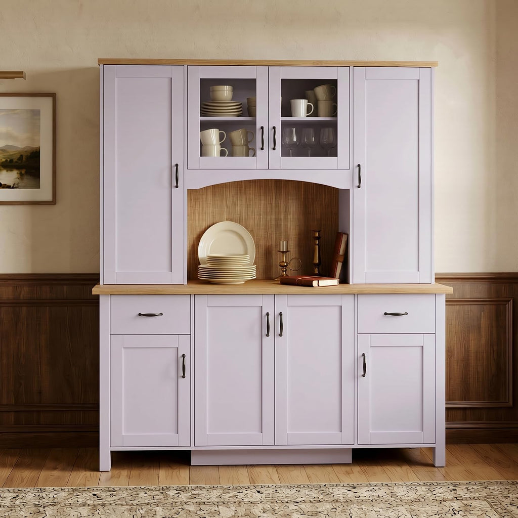 78.7” Farmhouse Kitchen Pantry Cabinet with Glass Doors & Hutch, Tall Pantry Storage Cupboard with 2 Drawers & Adjustable Shelf, Dining Room Home Bar, Purple & Brown, 66.9”W x 19.7”D x 78.7”H