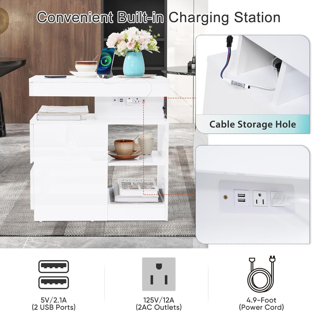 Verano Garden LED High Gloss End Table with Charging Station, Sofa Side Table with Drawer and Adjustable Shelf, Wood Bedside Table Nightstand with LED Light, Modern Side Table for Living Room, Bedroom