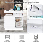 Verano Garden LED High Gloss End Table with Charging Station, Sofa Side Table with Drawer and Adjustable Shelf, Wood Bedside Table Nightstand with LED Light, Modern Side Table for Living Room, Bedroom