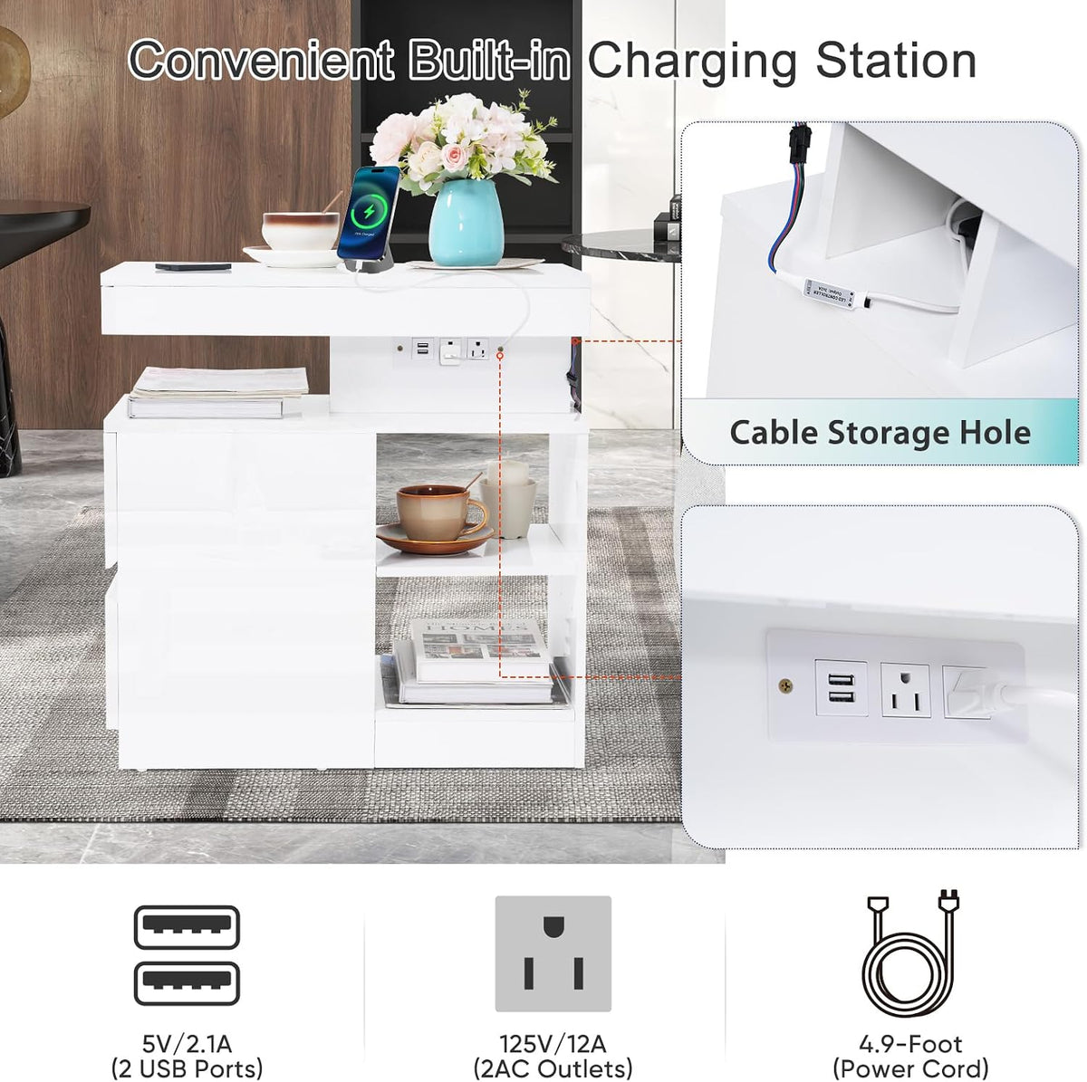 Verano Garden LED High Gloss End Table with Charging Station, Sofa Side Table with Drawer and Adjustable Shelf, Wood Bedside Table Nightstand with LED Light, Modern Side Table for Living Room, Bedroom