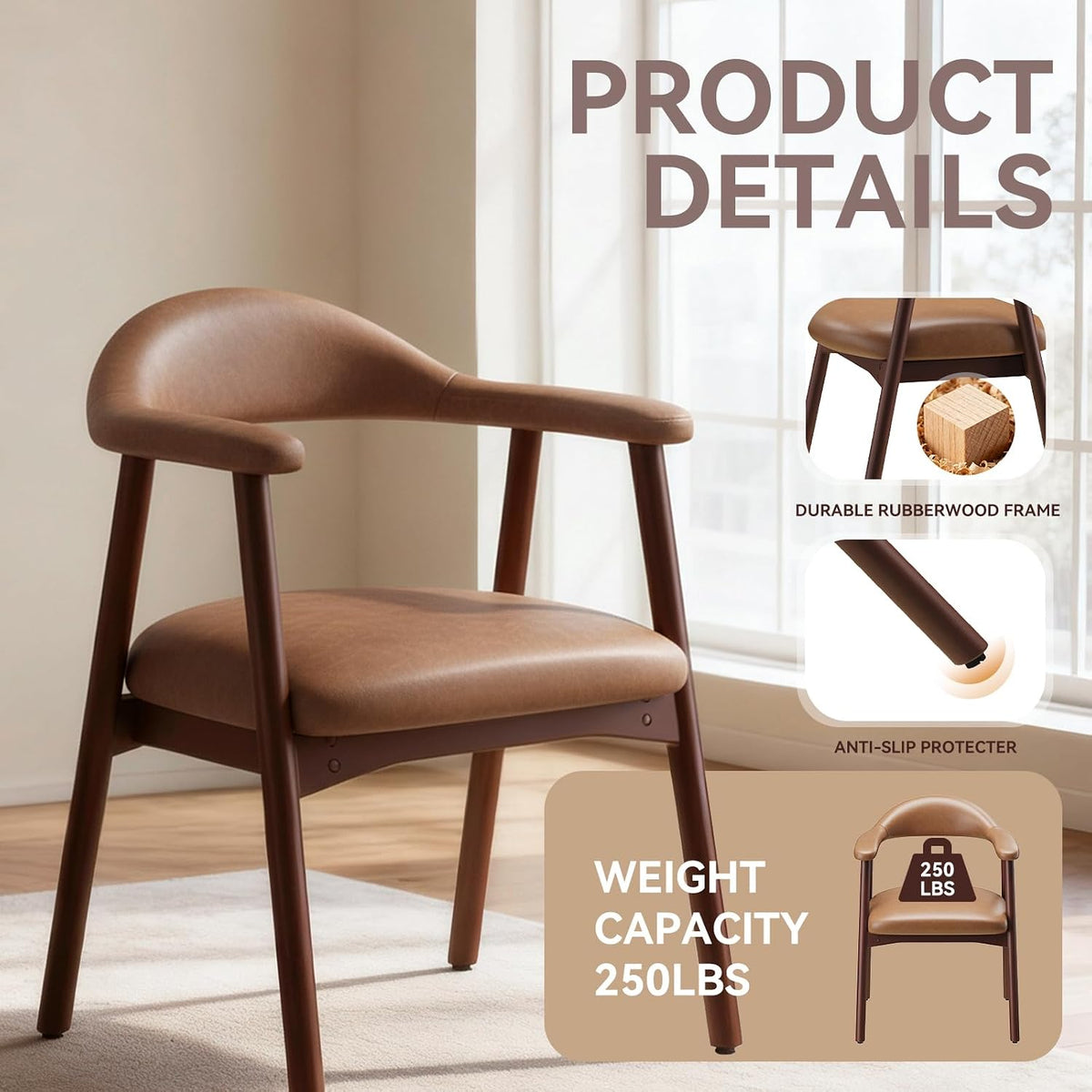 MALOL Leather Dining Chair with Armrest Set of 2, Upholstered Dining Room Chair with Curved Back and Wood Legs, Mid Century Modern Kitchen Chairs for Kitchen Dining Room,Brown