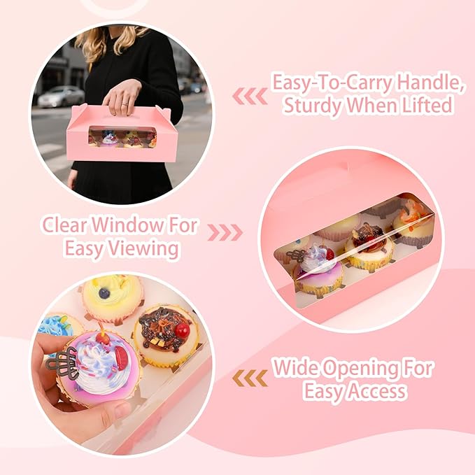 30 Pcs Cupcake Boxes, 12 Count Muffin Boxes with Handle, Window, and Inserts, Pink Cupcake Holders Bakery Carrier Boxes for Cookies Treats Dessert
