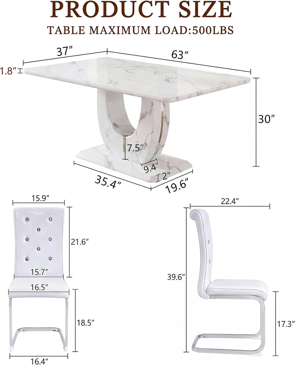 Dining Table Set for 6, Kitchen Table Chairs Set of 6, Modern Dining Room Set 63'' Marble Dinner Table PU Leather Upholstered Chairs for Kitchen (White-cro)