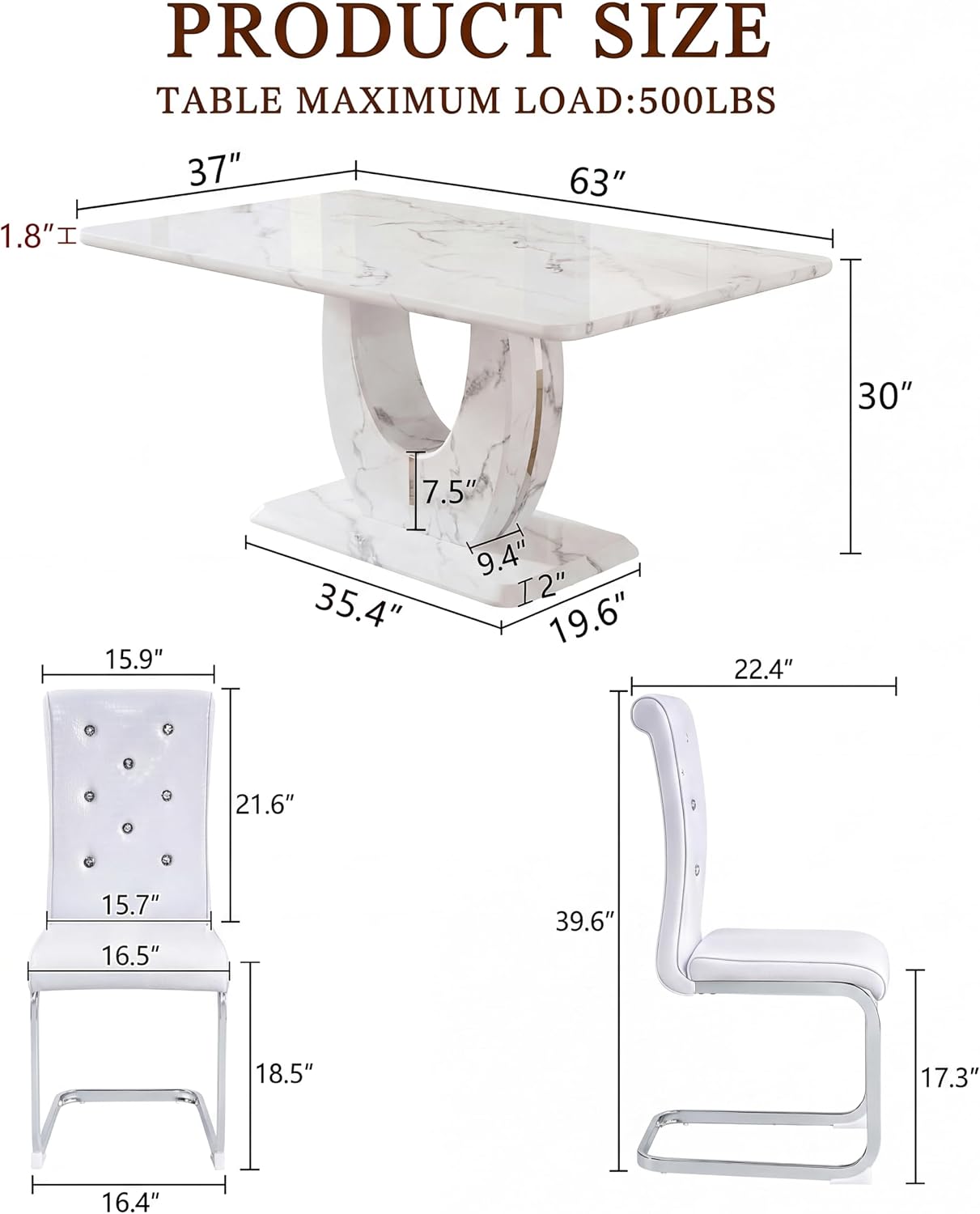 Dining Table Set for 6, Kitchen Table Chairs Set of 6, Modern Dining Room Set 63'' Marble Dinner Table PU Leather Upholstered Chairs for Kitchen (White-cro)
