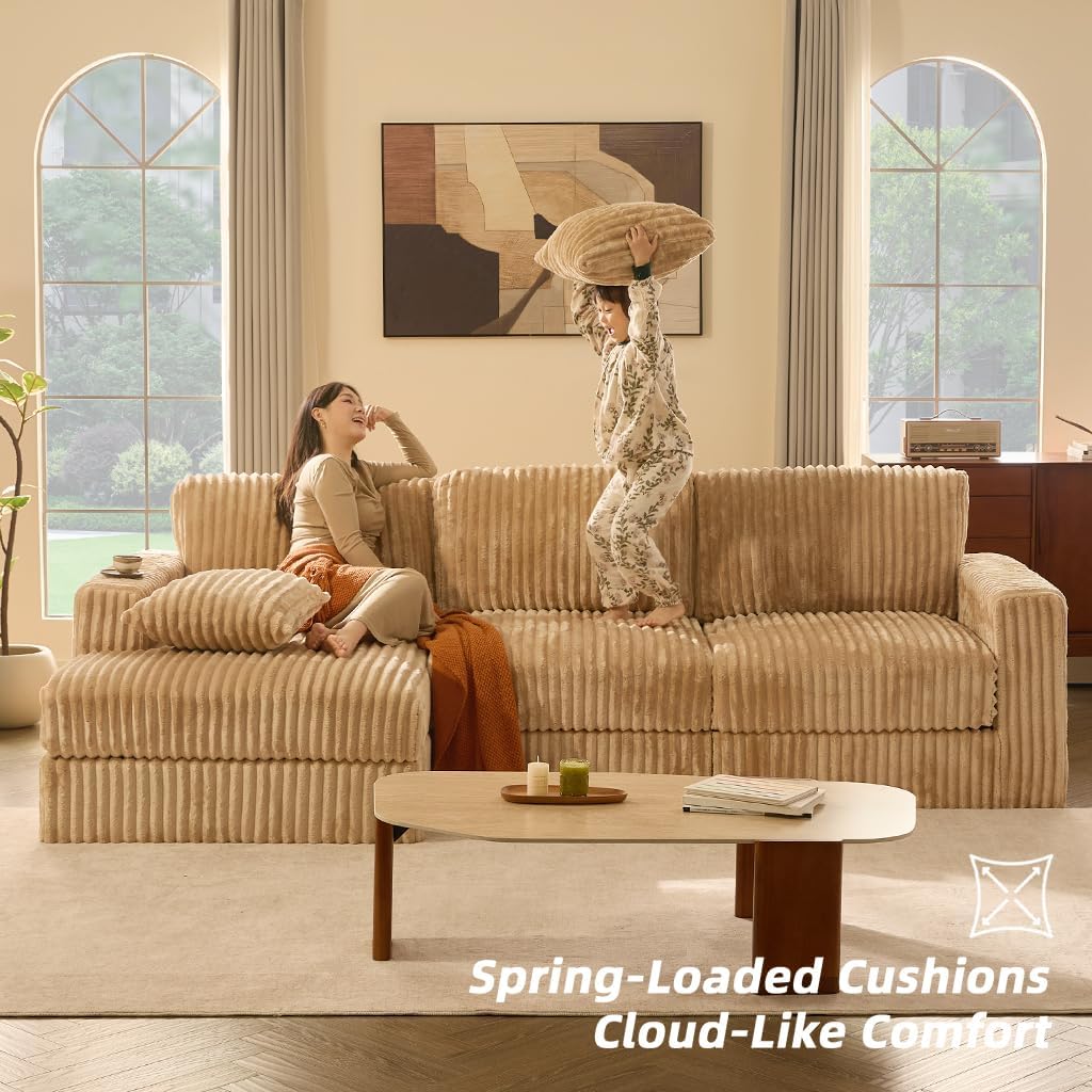 GOSUHI 113" L-Shaped Cloud Couch, Modular Sectional, Deep Seats, Camel | Pocket Spring Cushions, Oversized 3-Seater, Left Facing Chaise, Corduroy Upholstery Couches for Living Room
