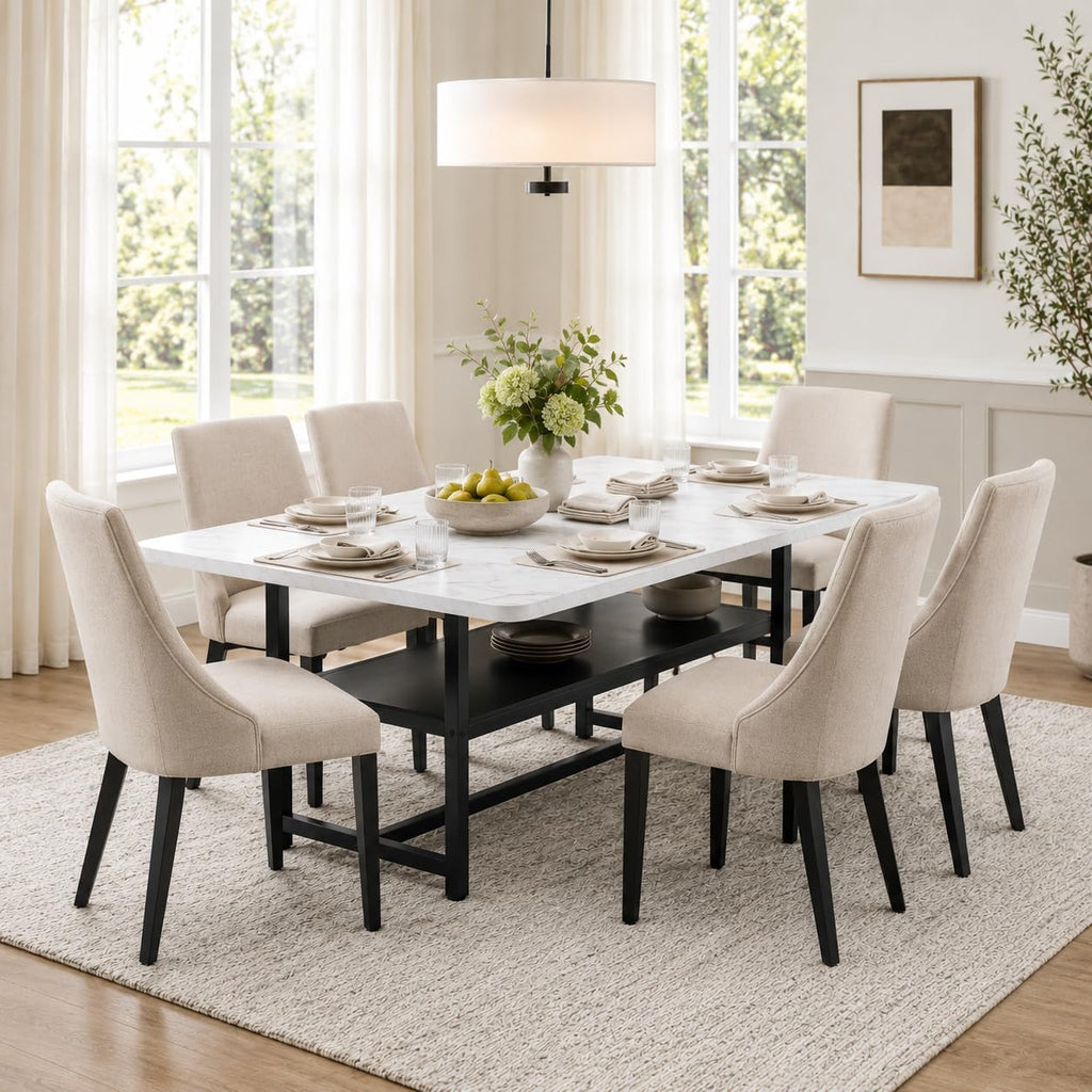 Dining Table for 6, 71" Rectangle Kitchen Table with Storage Shelf, Dinner Table Full White Faux Marble Top & Black Metal Frame for Dining Room Home Office – White