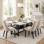 Dining Table for 6, 71" Rectangle Kitchen Table with Storage Shelf, Dinner Table Full White Faux Marble Top & Black Metal Frame for Dining Room Home Office – White