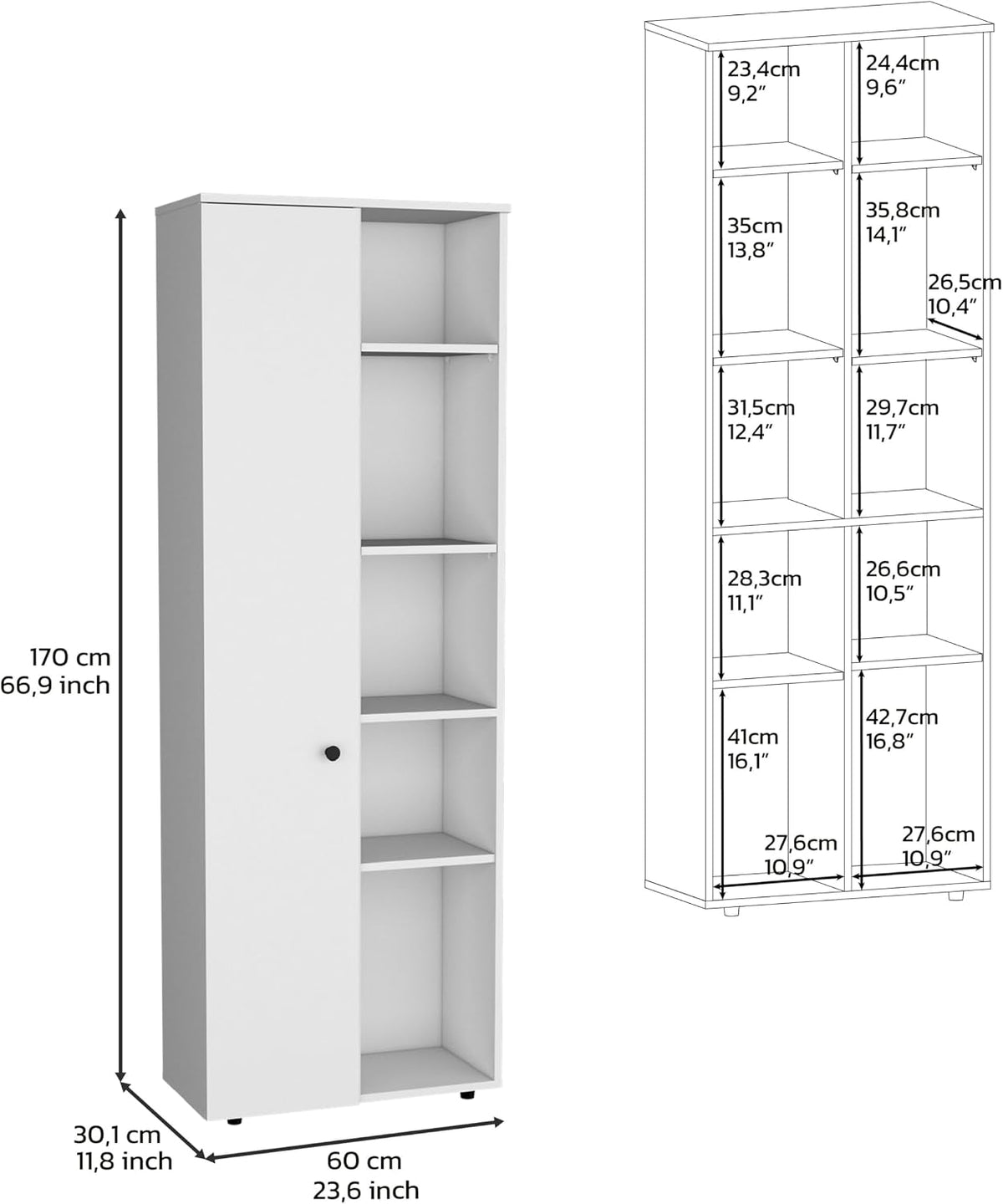 67" H Kitchen Storage Cabinet with One Door, Five Interior Shelves and Five Exterior Shelves,White