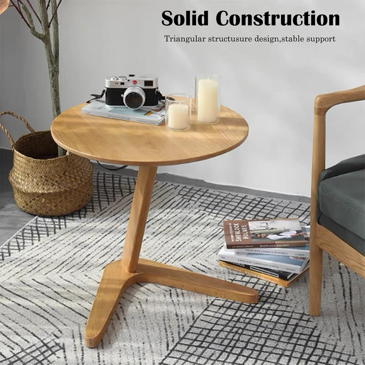 YUNMUARY-C-Shaped Side Table Round Side Tables for Couch Space-Saving Sofa Table Slide Under Couch for TV Dinner Laptop Side Over Solid Wood End Table for Living Room Modern Nightstand (Light Brown)