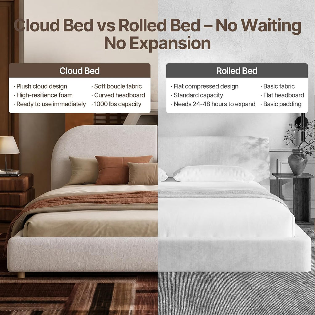 Kenhome Queen Size Boucle Cloud Bed Frame, Upholstered Platform Bed with Curved Headboard & Solid Wood Frame, Luxurious & Easy Assembly (Beige, Queen (U.S. Standard))