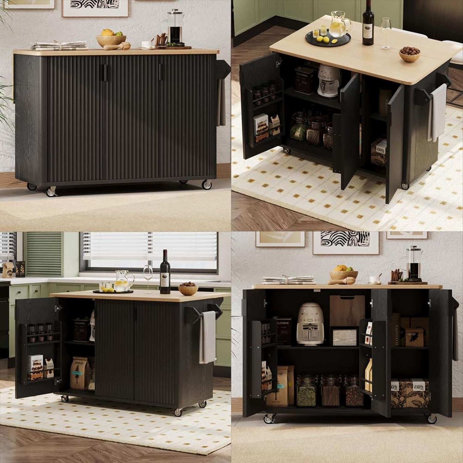 Kitchen Storage Islands and Carts with Drop Leaf Countertop Height-Adjustable Shelves, Rolling Island Cart for Kitchen with Wheels Towel Rack， for Kitchen, Dining Room, Black