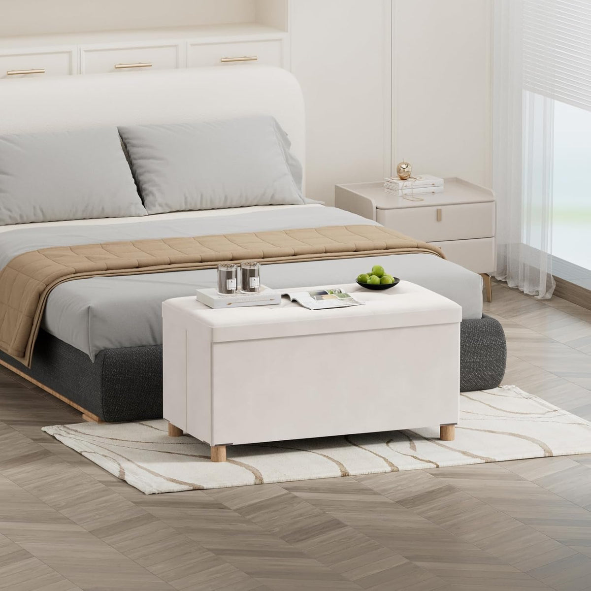 BRIAN & DANY 30 Inches Folding Storage Ottoman Bench, Ottoman with Storage for Living Room, with Wooden Feet and Lid, White