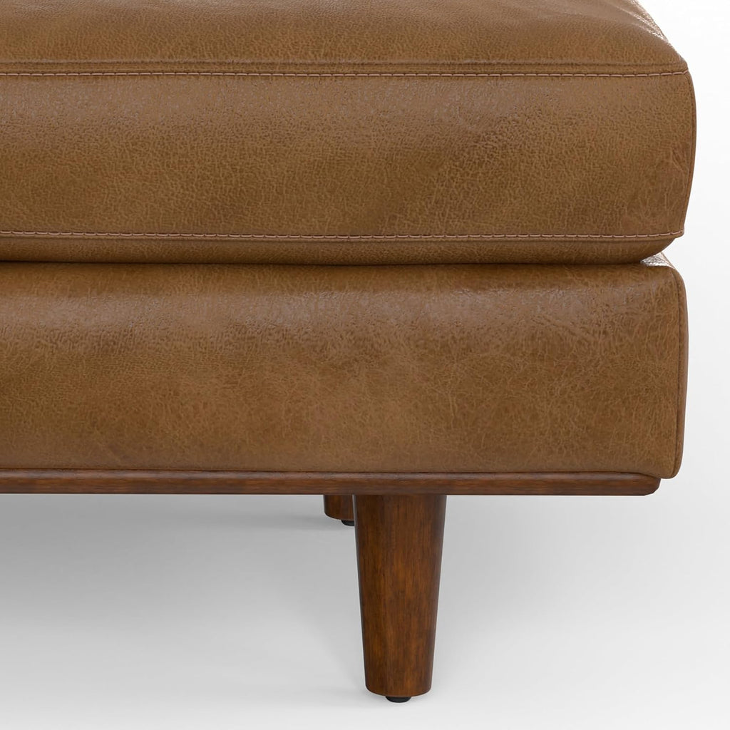 SIMPLIHOME Morrison 49" Wide Genuine Leather Rectangle Ottoman in Caramel | Caramel brown, mid-century modern ottoman with a cushioned top for extra seating, coffee table or footrest.