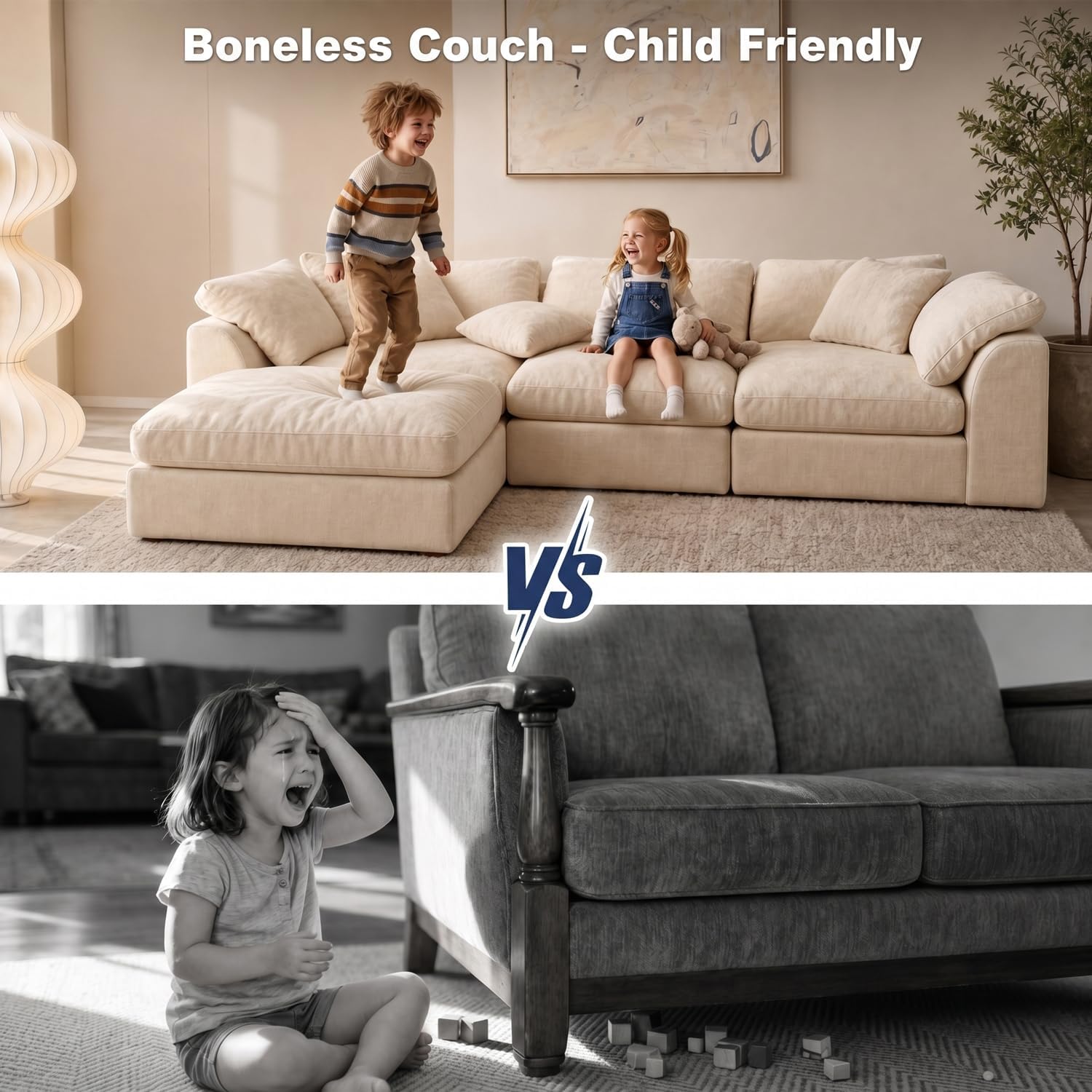Oversized Cloud Couch Sectional Sofa for Living Room, Modular L Shaped Chenille Sofa with Chaise Lounge, Deep Seat Convertible Couch, Compressed No Assembly Floor Sofa (White)