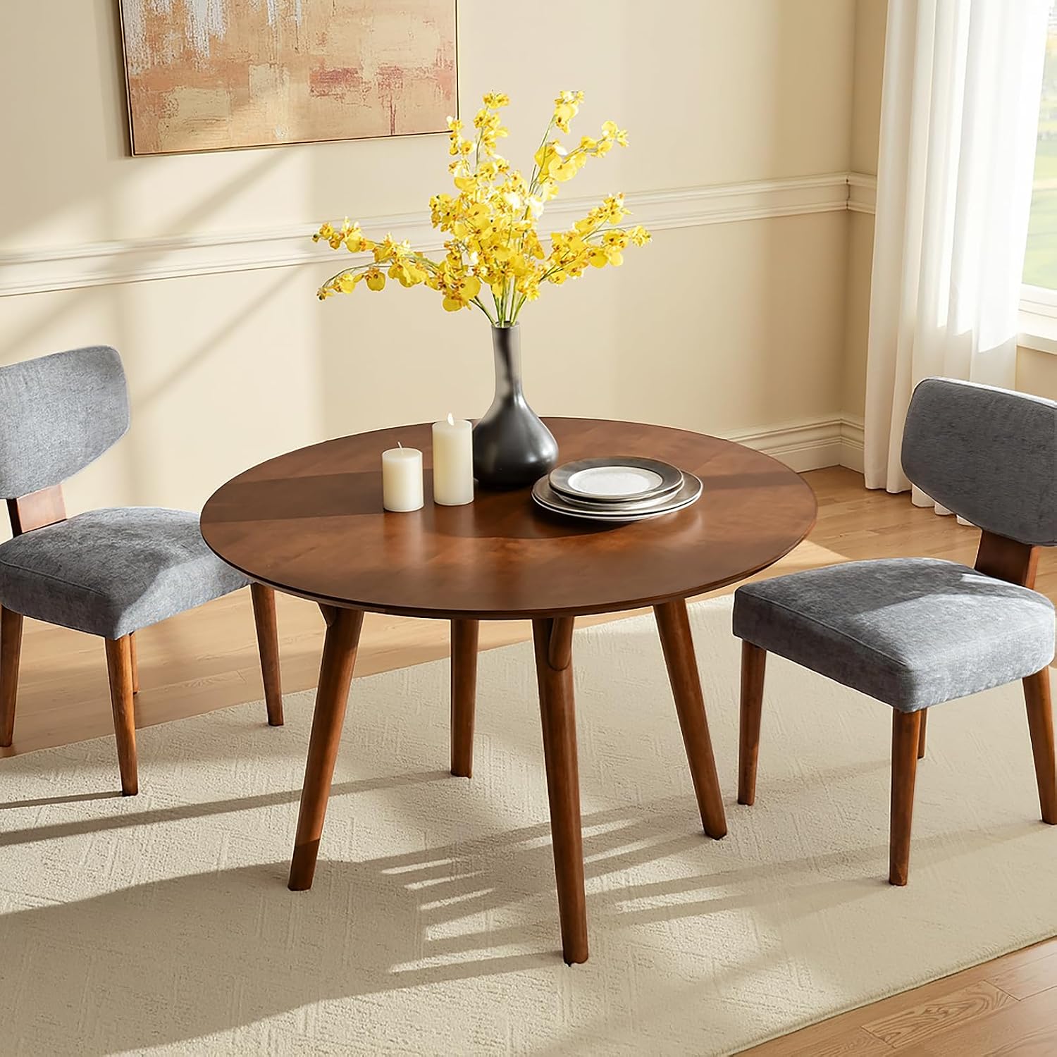 HULALA HOME Round Dining Table for 4, 45” Solid Wood Kitchen Table, Small Dinner Coffee Writing Table for Kitchen Dining Room, Save Space, Walnut