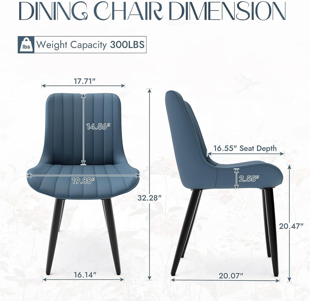Mid-Century Modern Dining Chairs Set of 2, PU Leather Kitchen Chairs with Soft Cushion and Metal Legs, Upholstered Armless Accent Chair Side Chair for Dining Room/Guest/Reception Room/Cafe (Blue)