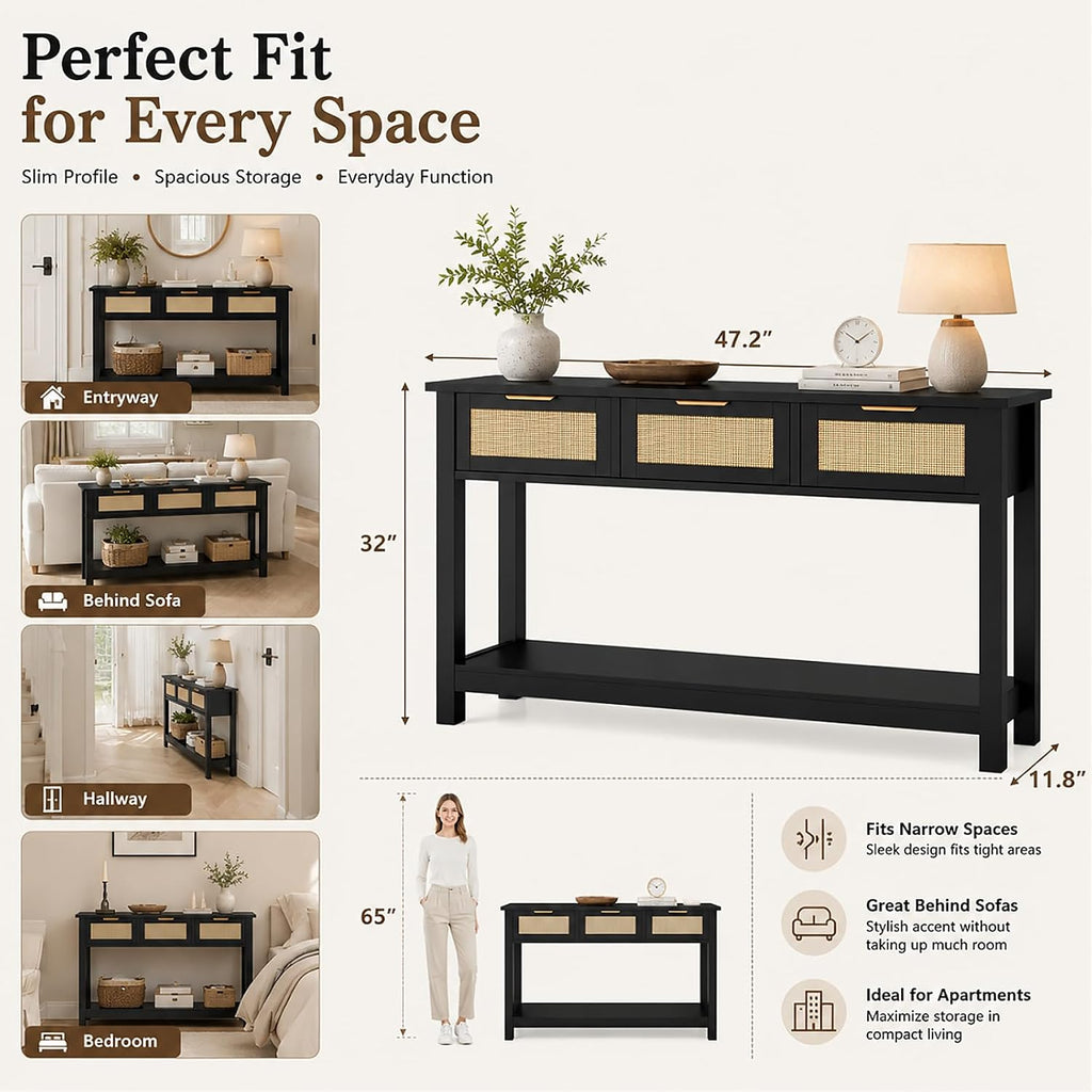 Luoxiao Rattan Console Table 3-Drawer 47" Narrow Black Entryway Sofa Table | Trendy Boho Hallway Foyer Storage, Open Shelf, Sturdy Wooden Entry Table for Living Room, Couch, Easy Assembly, Anti-Tip