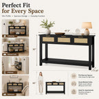 Luoxiao Rattan Console Table 3-Drawer 47" Narrow Black Entryway Sofa Table | Trendy Boho Hallway Foyer Storage, Open Shelf, Sturdy Wooden Entry Table for Living Room, Couch, Easy Assembly, Anti-Tip