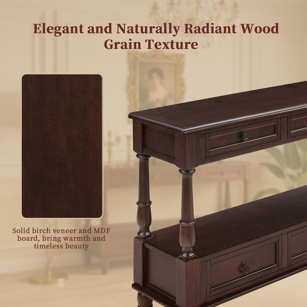 Vintage Solid Wood Console Table with 6 Drawers - 54" Hallway Sofa Table with Bottom Shelf for Entrance, Living Room & Foyer, Espresso