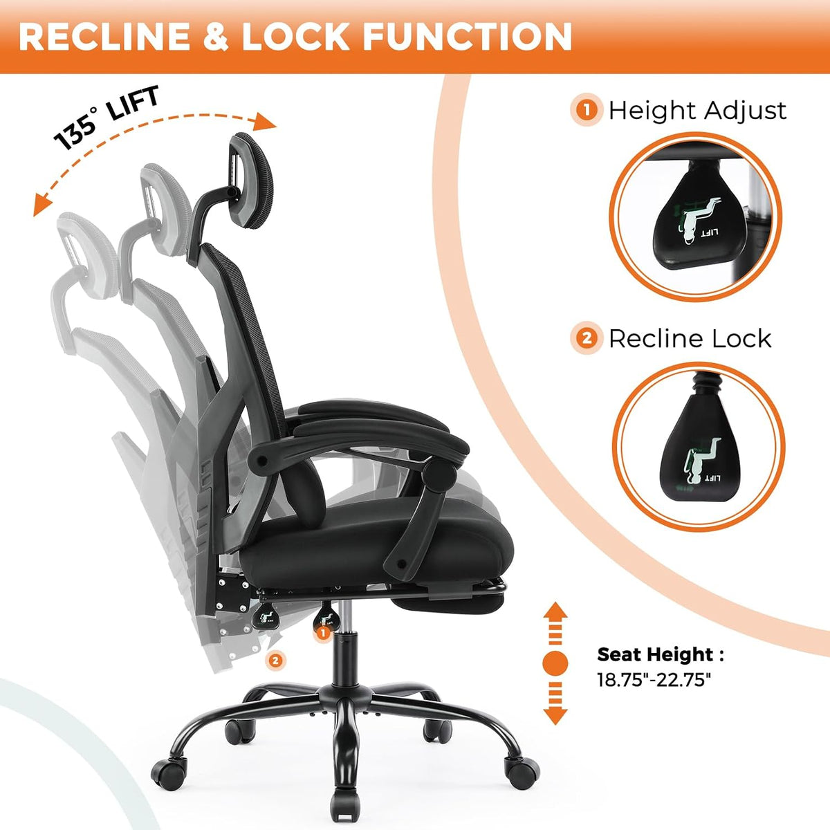 Sweetcrispy Ergonomic Office Chair, Computer Desk Chair with Lumbar Support | High-Back Mesh, 360° Rolling Work, Swivel with Wheels, Comfy Arms, Home Bedroom Study, Black