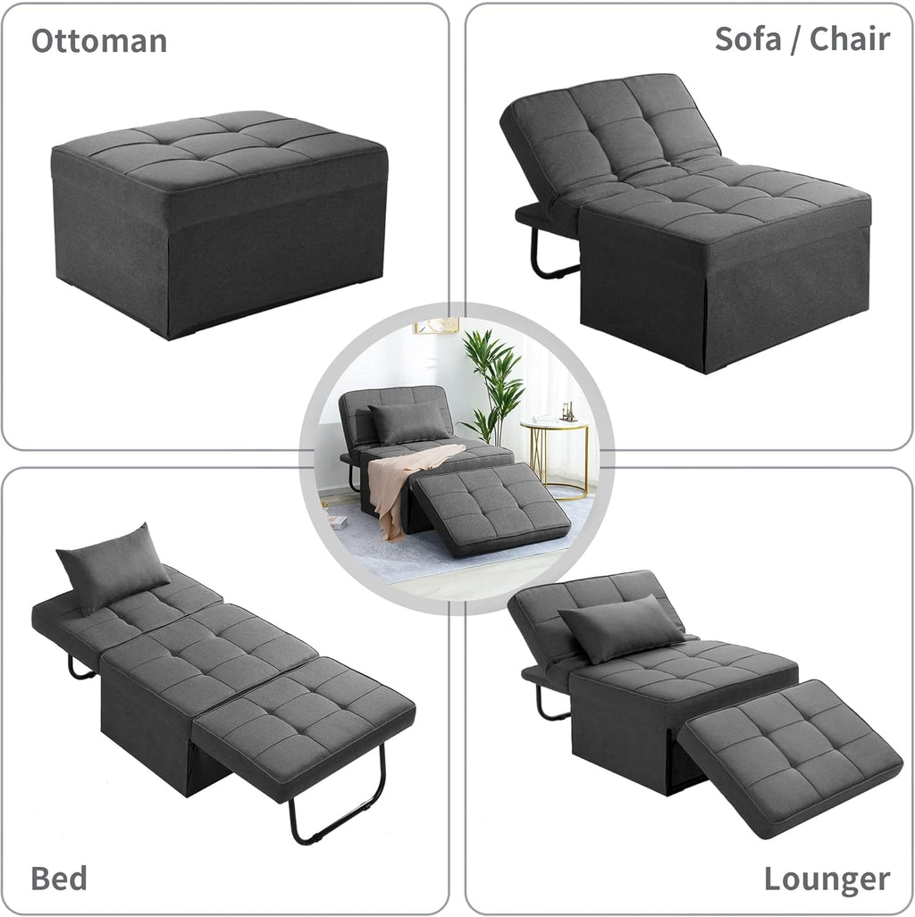 BIGSYY Sofa Bed, Set of 4 in 1 Multi-Function Folding Ottoman Breathable Linen Couch Bed with Adjustable Backrest Modern Convertible Chair for Living Room Apartment Office, Dark Grey