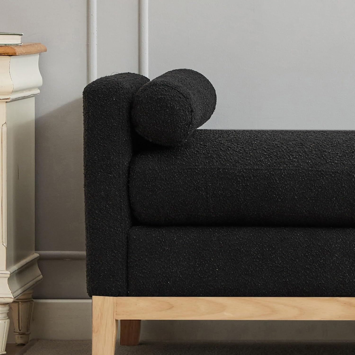 KEIKI Oversize Boucle Bench Ottoman with 2 Bolster Pillows & Wood Legs, Upholstered End of Bed Daybed Seating, Foot Rest Stool Furniture for Bedroom, Living Room, Entryway, Black Natural