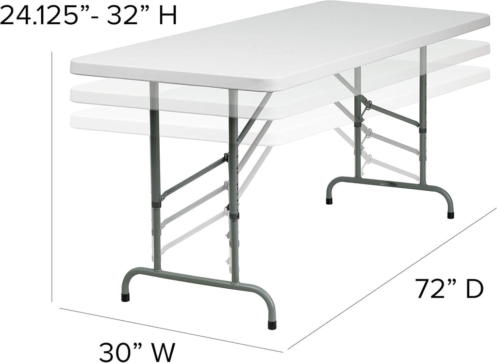 Flash Furniture 6-Foot Adjustable Plastic Folding Table, White | Bi-Fold, Carrying Handle, Commercial Grade, Easy Storage