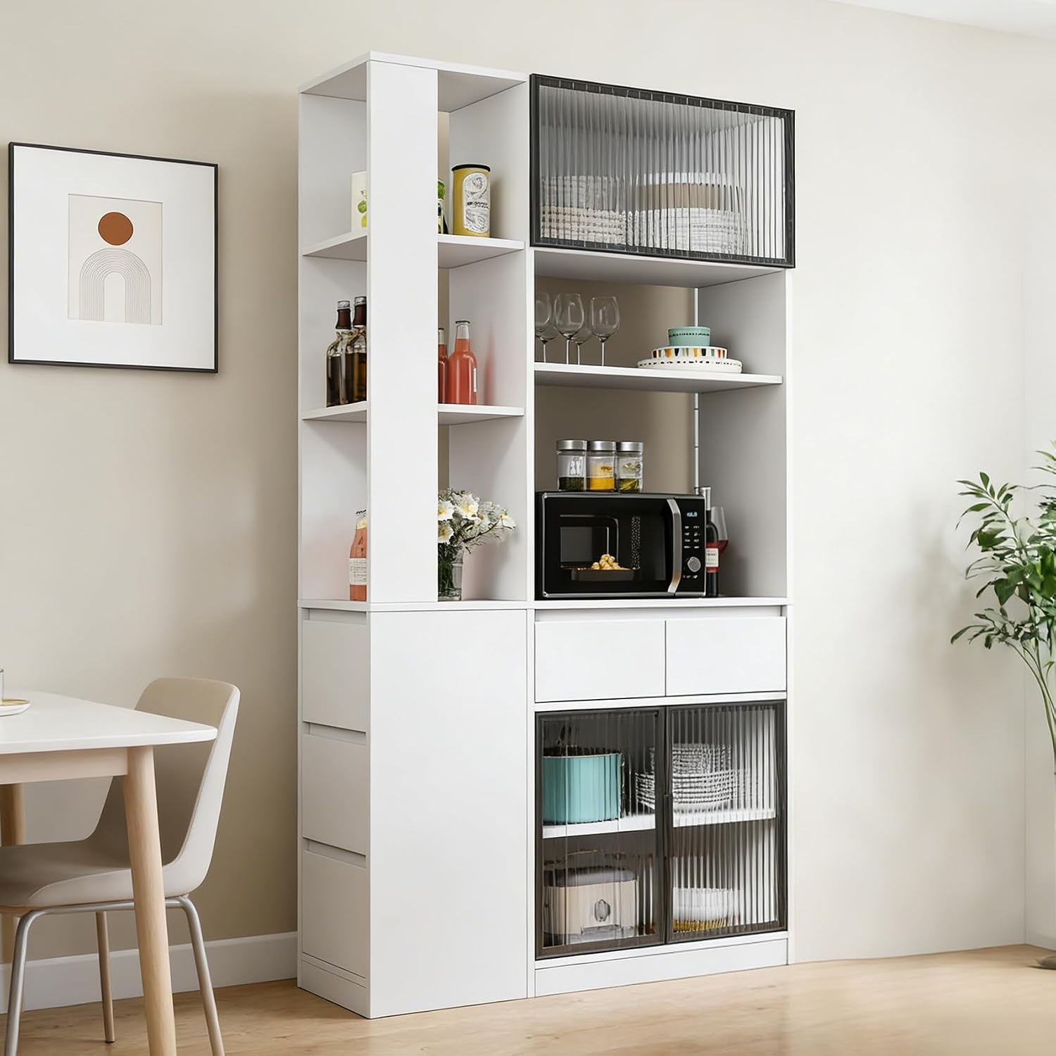 71 Inch Wood Pantry Cabinet with Glass Doors, 39 Inch Wide Freestanding Kitchen Storage Cabinet for Microwave and Coffee Bar, Modern Sturdy Tall Pantry Cabinet with Shelves & 5 Drawers, (White)
