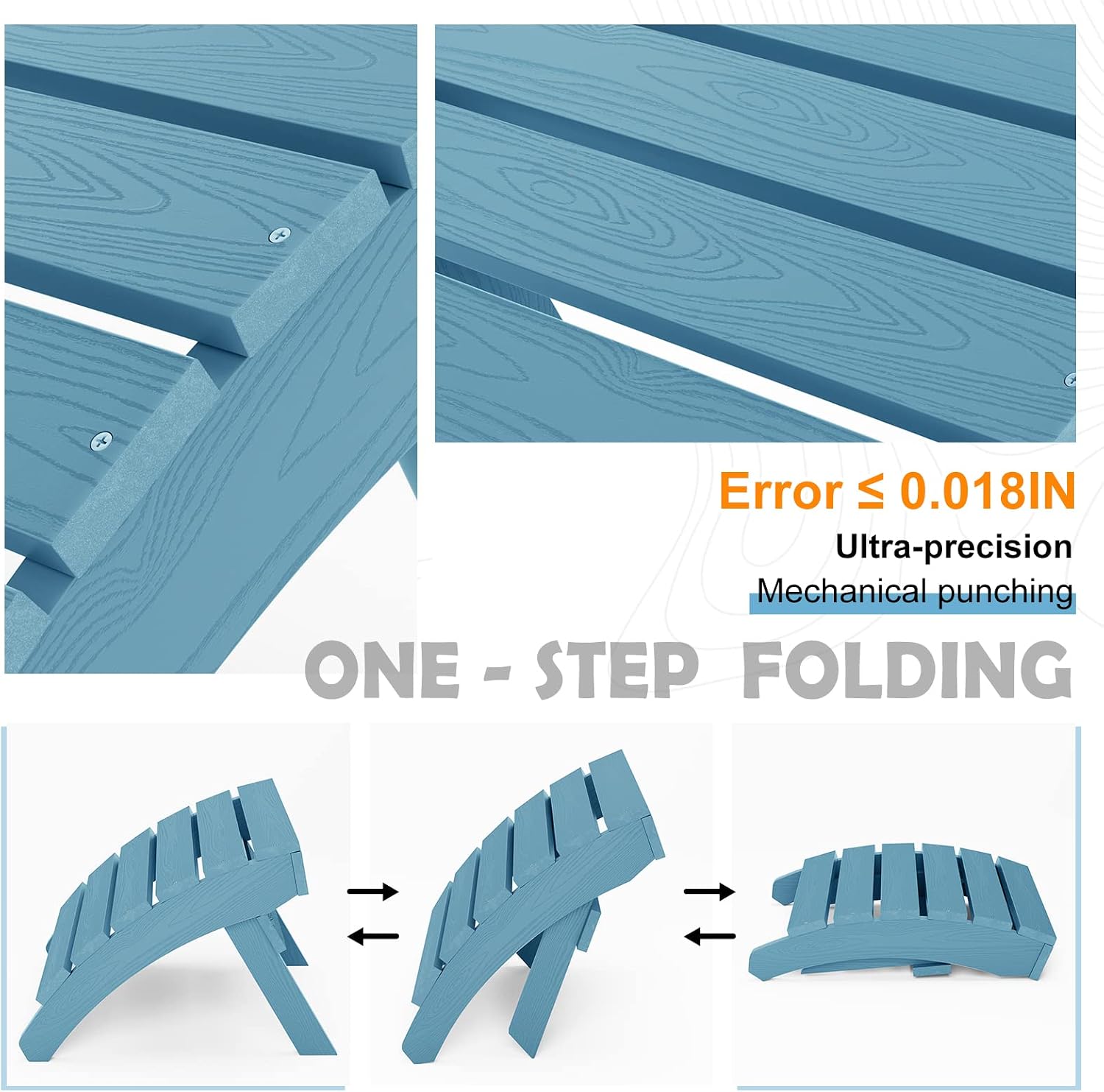 MXIMU Folding Adirondack Ottoman Set of 4: HIPS Plastic Outdoor Footrest Easy Assembly - All Weather Foot Stool Foot Rest for Adirondack Chair Use in Patio Garden Backyard Pool (Blue)