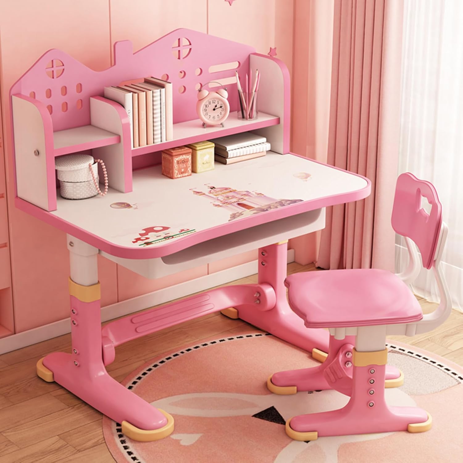 Kids Desk and Chair Set, Height Adjustable Kids Desk with Storage Drawers and Bookshelf, Ergonomic Table for Kid (Pink)