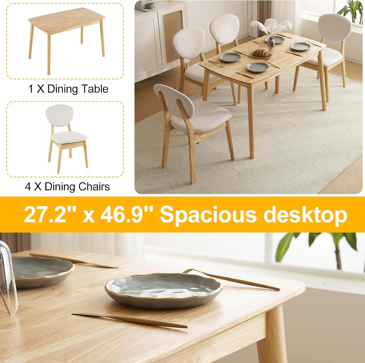 Karl home 5-Piece Dining Table Set for 4, Solid Wood Frame, Nature | Mid-century modern dining table with chairs, padded seats & backrests,compact design, for kitchen/small apartment/dining room