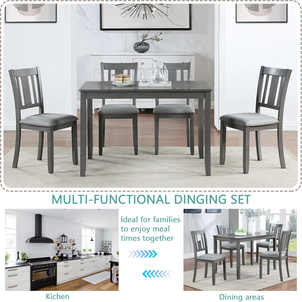 RuiSiSi 5 Piece Dining Table Set for 4, Farmhouse Kitchen Table with 4 Padded Seat Chairs, Solid Wood Dinette Set for Kitchen, Living Room, Grey