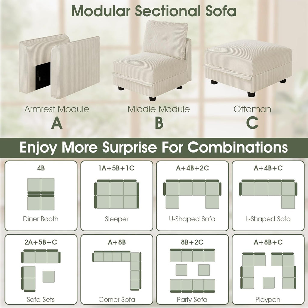 LLappuil Sectional Sofa Modular Cloud Couch with 5 Storage Seats & 3 Throw Pillows, Corduroy U Shaped Couches for Small Space, Rearrangable Apartment Sofas, Scratch Resistant, Beige