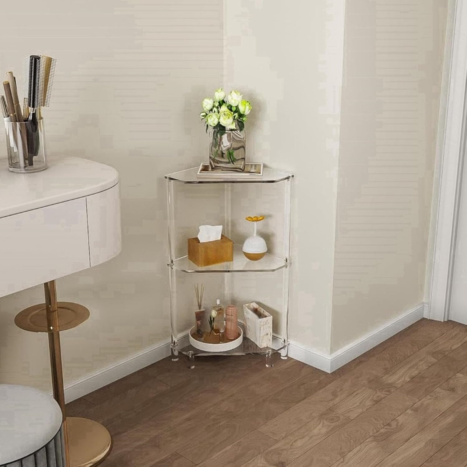 65cm / 25.6in Clear Acrylic Triangle End Table,3 Tier Acrylic Corner Side Table with Tempered Glass Shelfr,for Living Room Bedroom, Corner Display Rack Storage