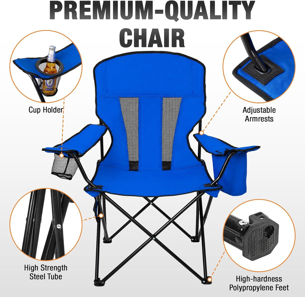 Camping Chairs for Adults 2 Pack, Folding Chair with 4-Can Cooler Bag & Cup Holder, Portable Heavy Duty Outdoor Chair with Mesh Back for Camping, Beach, Lawn, Fishing, Blue