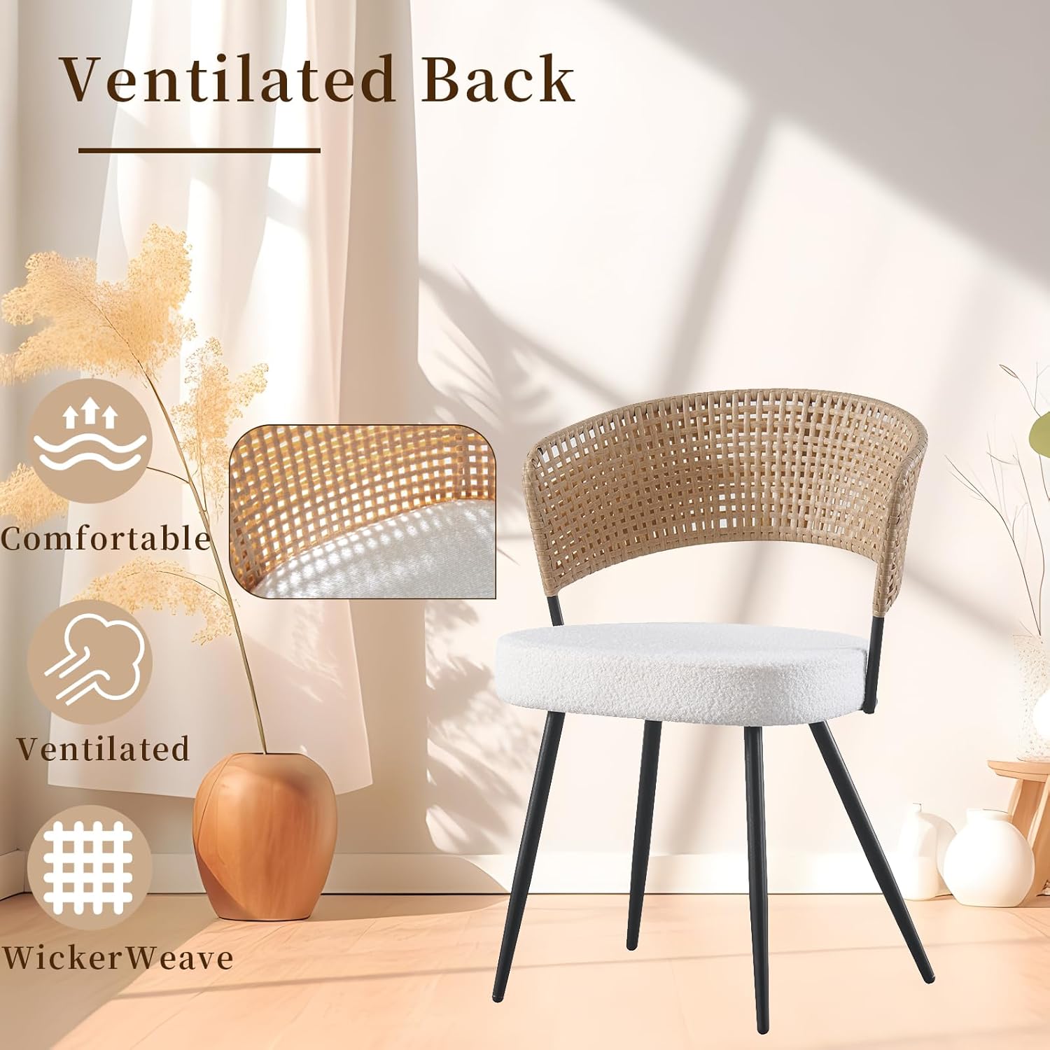 Rattan Dining Chairs Set of 4,Farmhouse Upholstered Teddy Cushion with PE Cane Round Back Kitchen Chair,Mid Century Modern Dining Room Chair with Black Metal for Kitchen,White
