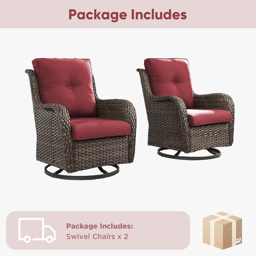 Belord Outdoor Swivel Chairs Set of 2,Patio Wicker Rocker Chairs,All Weather Patio Conversation Furniture Set, Ideal for Porch Balcony Deck Yard, Brown Wicker/Red