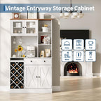 72'' Tall Kitchen Pantry Cabinet with Built-in Power Outlet, Farmhouse Sliding Barn Door Sideboard Buffet, Wine Bottle Rack & Adjustable Shelves, Modern Storage Cabinet for Kitchen Dining Room Home Ba