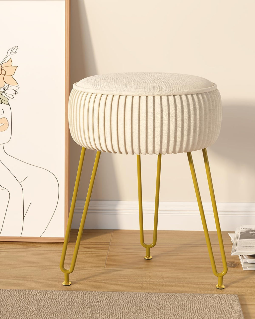 IBUYKE Makeup Vanity Stool, Velvet Round Footrest Ottoman, White LG-30M | Dressing Table Seat Pouf Couch chair Golden Steel Legs