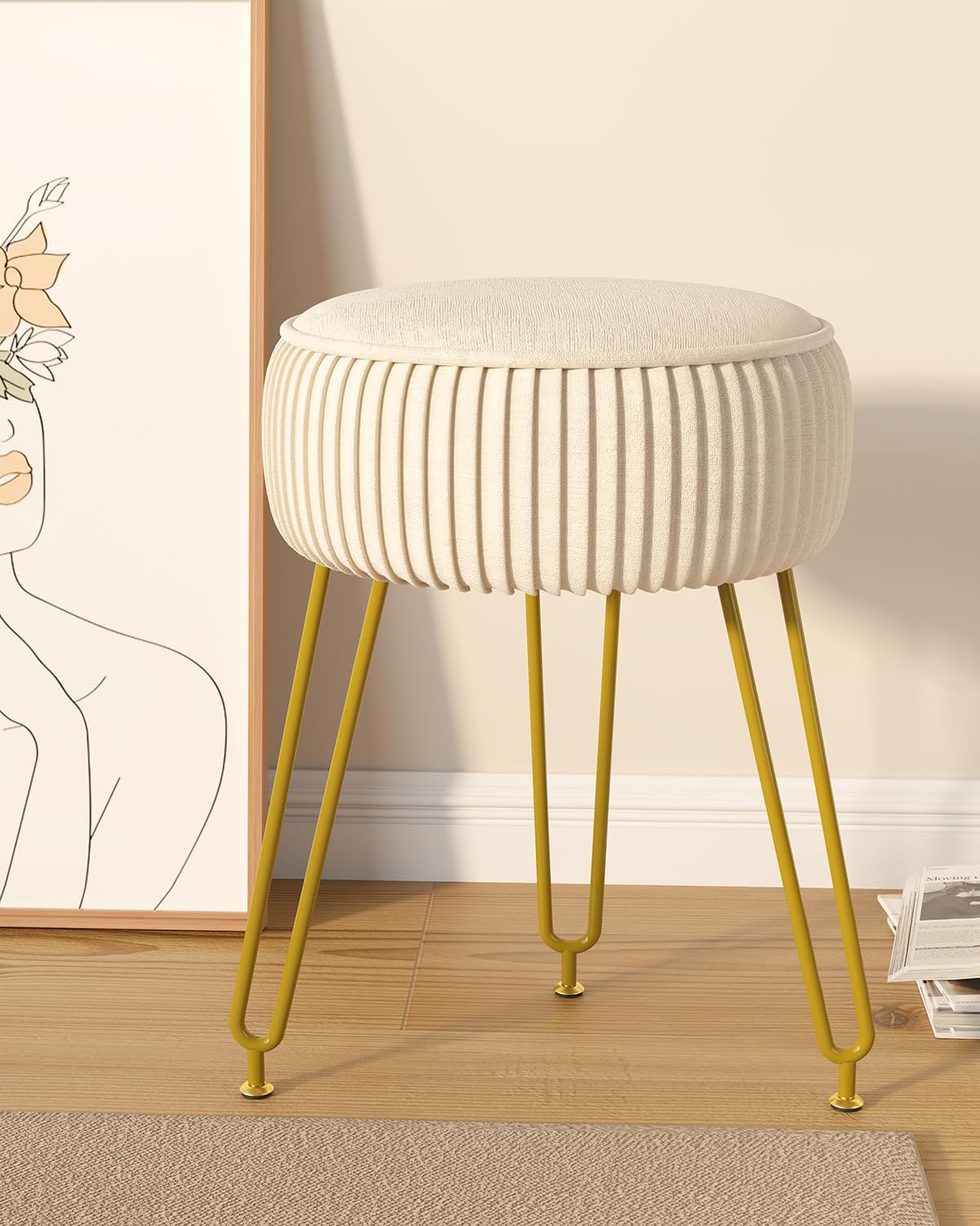 IBUYKE Makeup Vanity Stool, Velvet Round Footrest Ottoman, White LG-30M | Dressing Table Seat Pouf Couch chair Golden Steel Legs