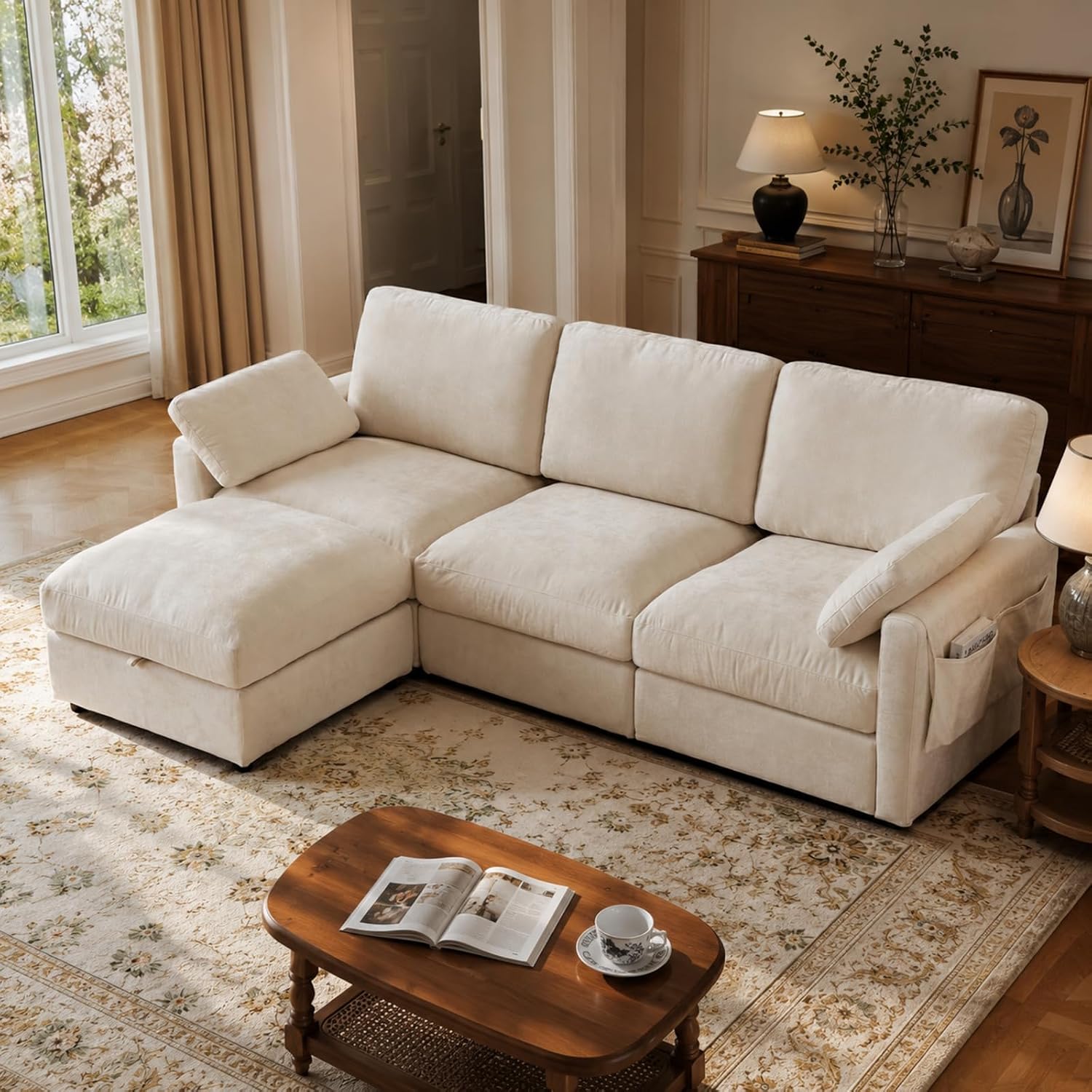 Modular Sectional Couch Chenille Fabric Upholstery Washable Sofa with Side Pocket No Tool Assembly Cloud Seating Comfort Couches for Livingroom Apartment - Beige 3 Seater with Ottoman 94"