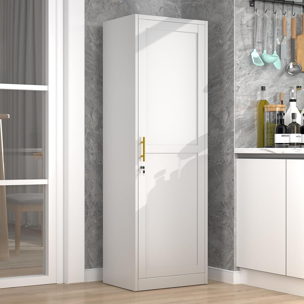 Metal Narrow Pantry Cabinet with Doors and Shleves, 67" H Tall Locker Cabinet, Kitchen Pantry Storage Cabinets for Kitchen, Living Room, Bathroom (1Door-Lock, White)